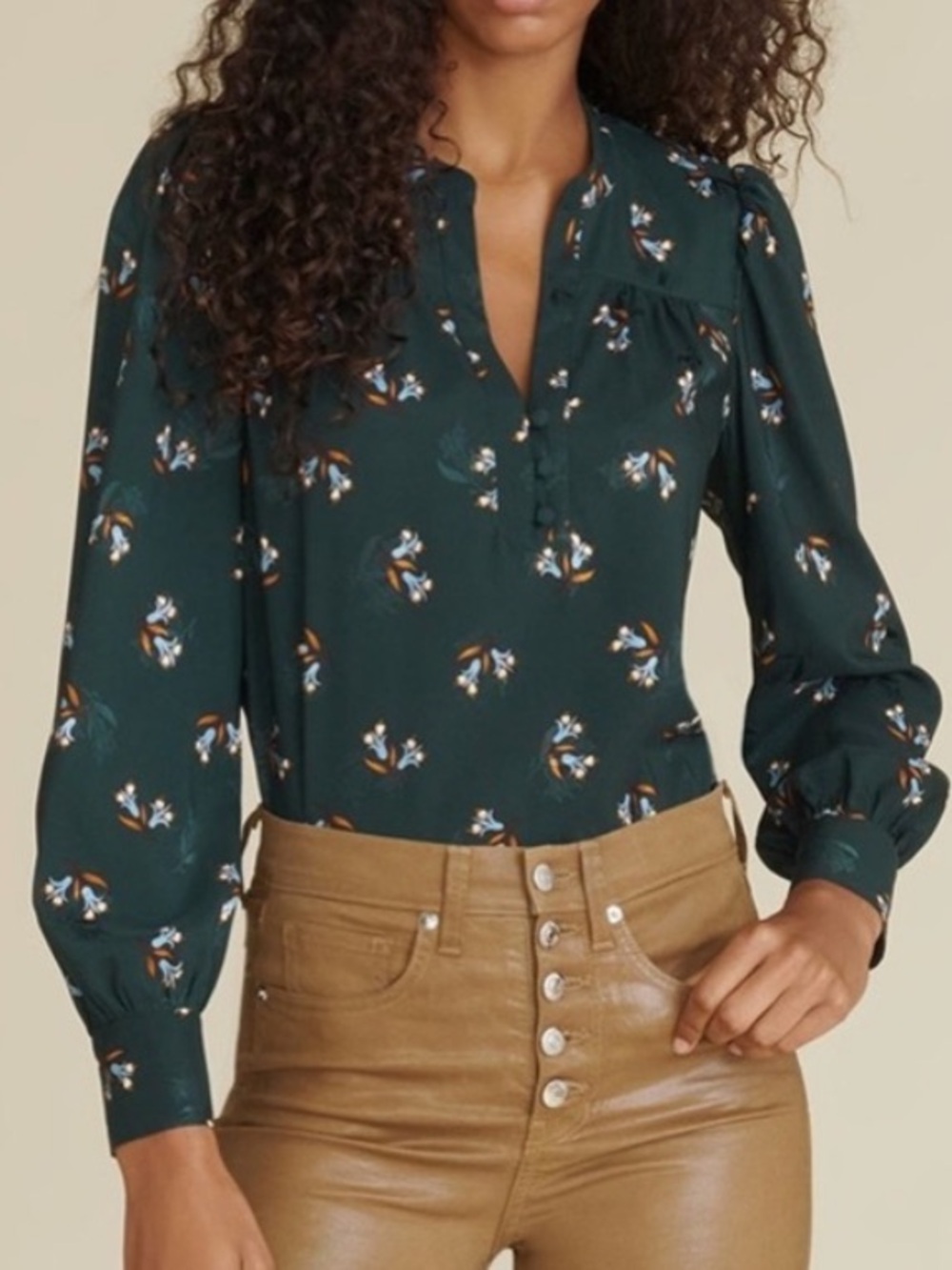 Veronica Beard Abbie Blouse Evergreen Multi Satin Green Floral Print 12